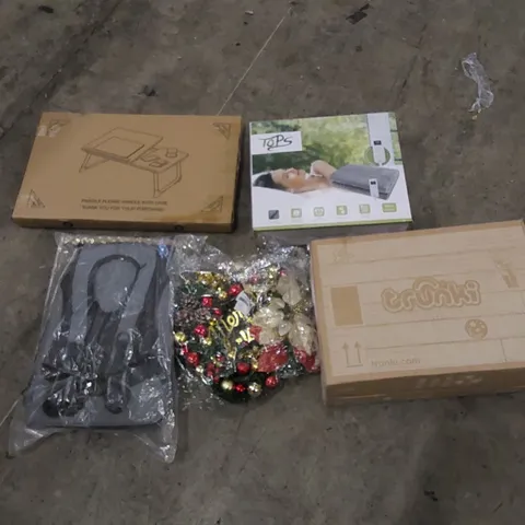 PALLET TO CONTAIN ASSORTED HOUSEHOLD ITEMS AND CONSUMER PRODUCTS. INCLUDING BACKPACK, ELECTRIC UNDER BLANKET, CHRISTMAS DECOR, BOXED FURNITURE ETC