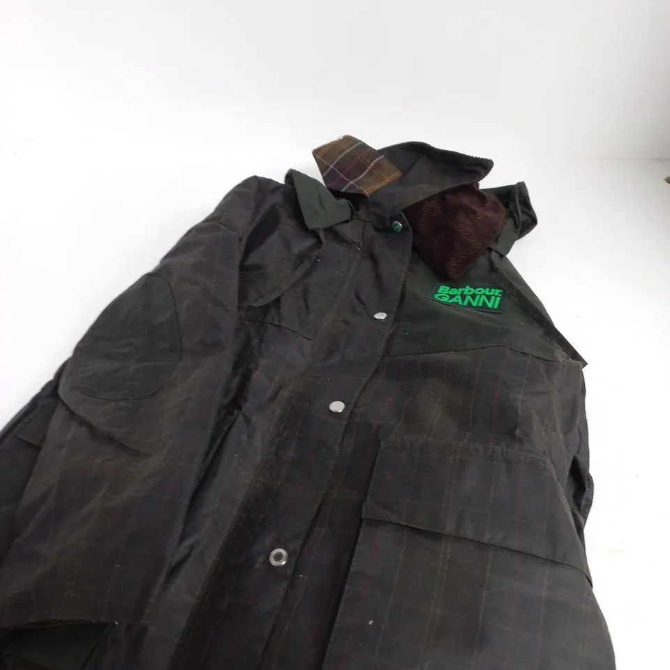 BARBOUR X GANNI HOODED TARTAN DUFFLE WAX COAT – UK 8