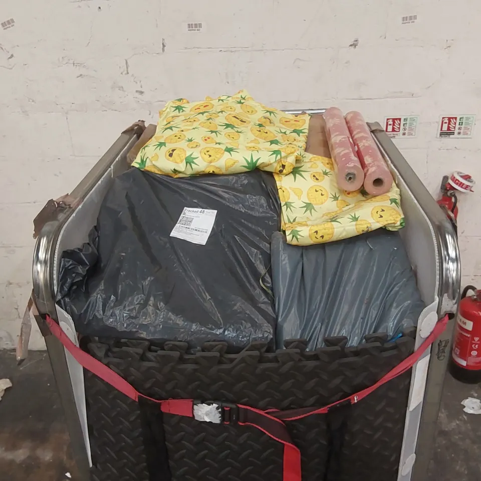 CAGE OF ASSORTED CONSUMER PRODUCTS INCLUDING EXERCISE MATS, CABIN BAG, WALLPAPER ECT // CAGE NOT INCLUDED 