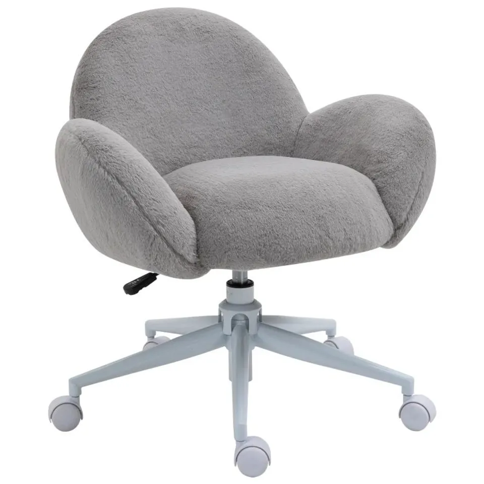 BOXED HOMCOM MAKEUP VANITY CHAIR, CUTE FLUFFY DESK CHAIR WITH ROLLING WHEELS FOR BEDROOM LIVING ROOM, GREY