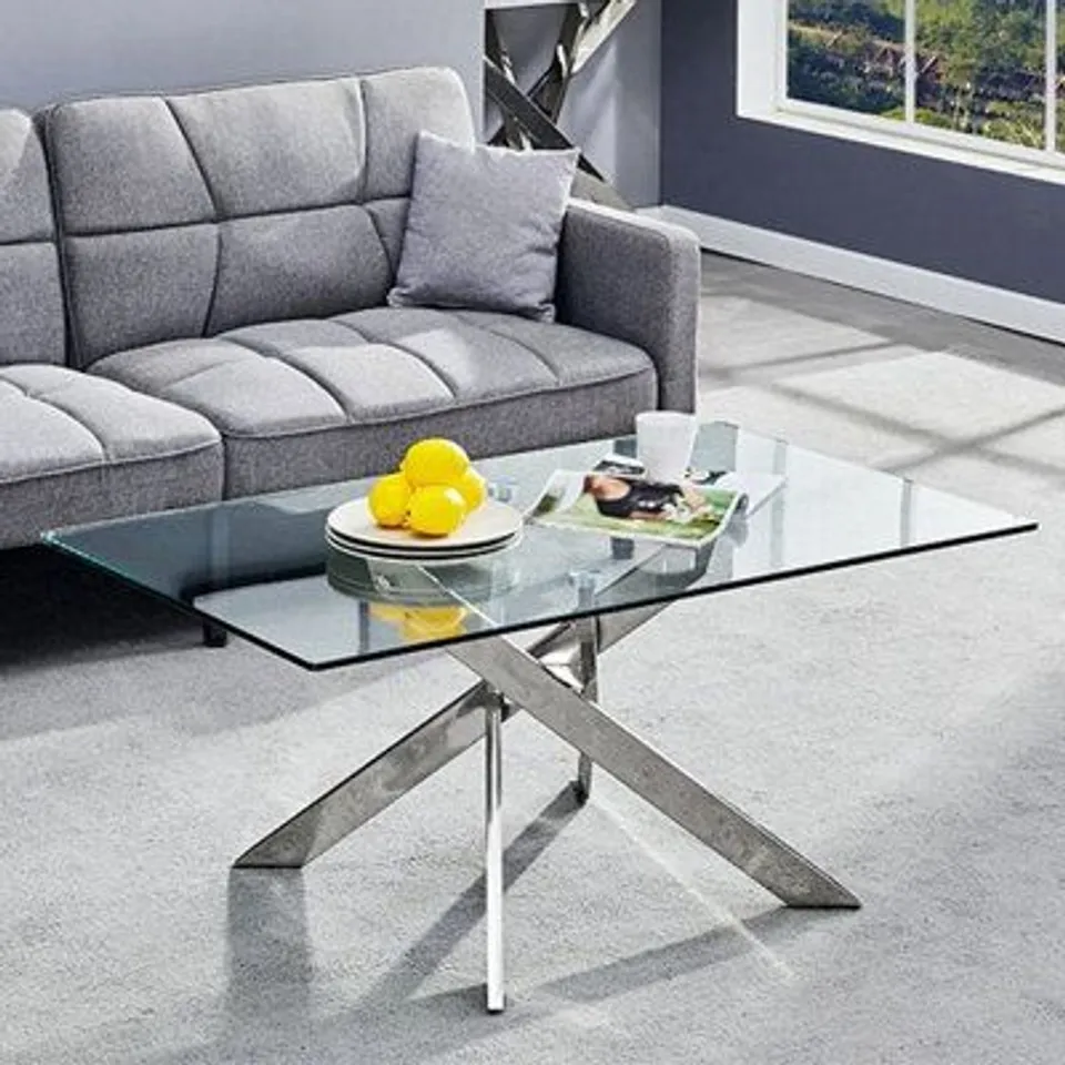 BOXED DAYTONA CLEAR GLASS RECTANGULAR COFFEE TABLE WITH STAINLESS STEEL LEGS (2 BOXES)