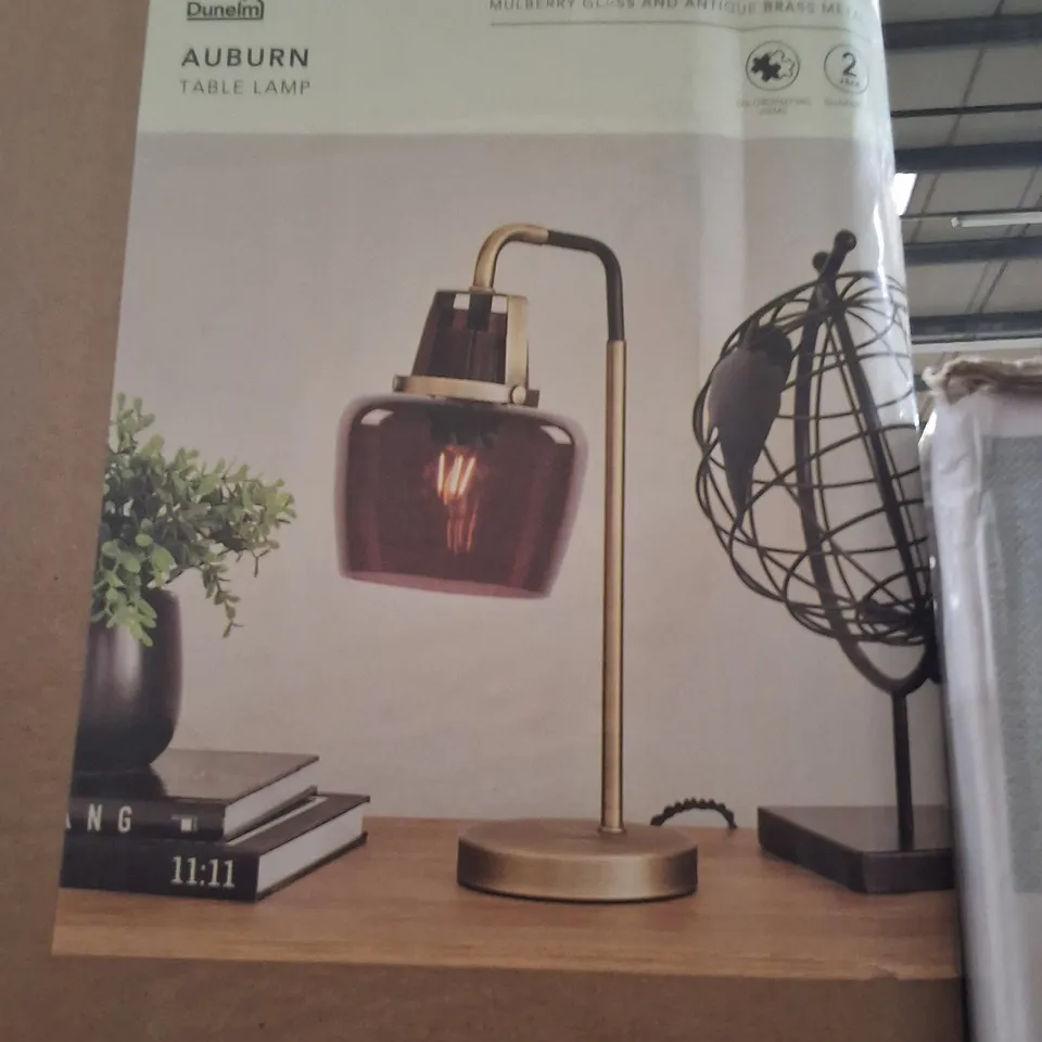 BOXED DUNELM AUBURN TABLE LAMP – MULBERRY GLASS WITH ANTIQUE BRASS