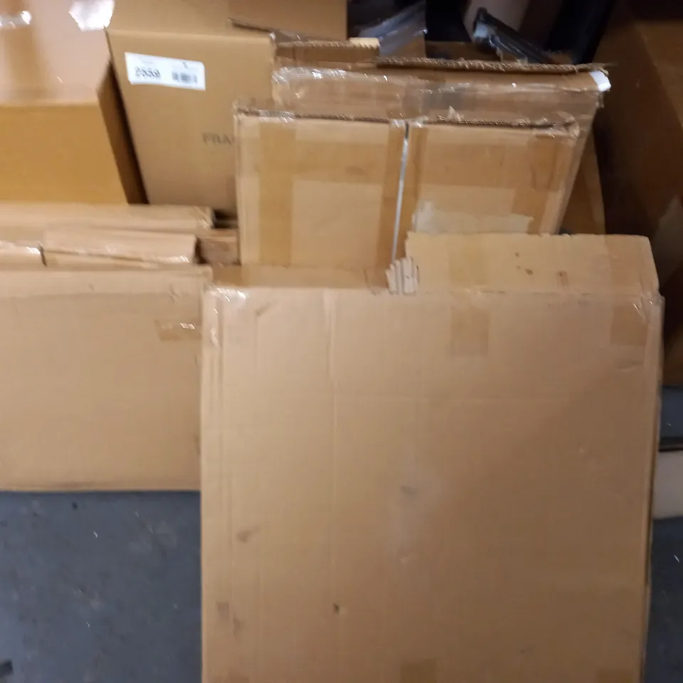 CAGE OF ASSORTED FLAT PACK FURNITURE ITEMS TO INCLUDE BED FRAME PARTS  /  COLLECTION ONLY