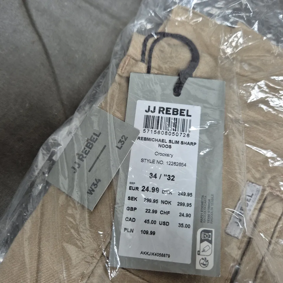 JJ REBEL SLIM KHAKI TROUSERS - WAIST 34 / INSEAM 32, TAG ATTACHED