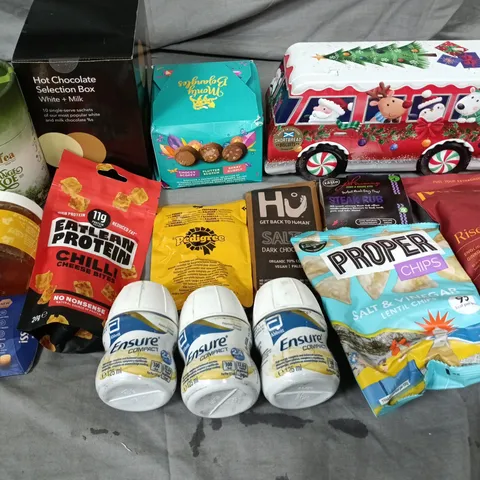 LOT OF 15 ASSORTED FOOD ITEMS TO INCLUDE HOT CHOCOLATE COLECTION, MISSION TEA AND JUST BEE HONEY