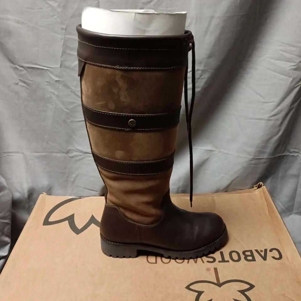 BOXED PAIR CABOTSWOOD WOMEN'S LEATHER KNEE-HIGH BOOTS – BROWN, STRAP DETAILING SIZE EU 38