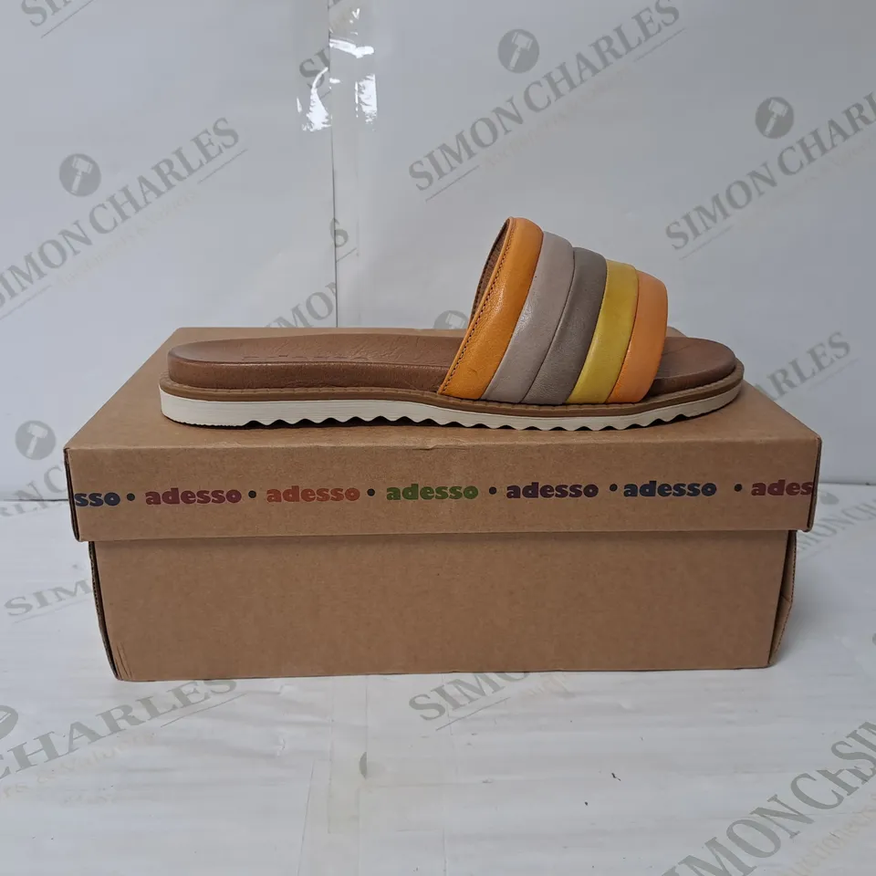 BOXED PAIR OF ADESSO MULTI COLOURED SANDALS SIZE 6