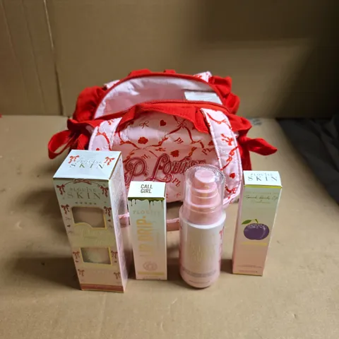PLOUISE COSMETICS BAG TO INCLUDE SUGAR PLUM LIP CONDITIONER, PURIFYING AND BRIGHTENING LOTION AND LIP DRIP LIP GLOSS