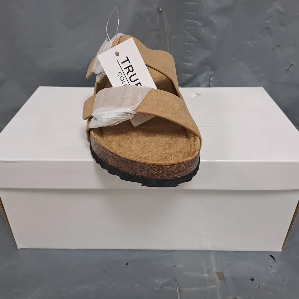 BOXED PAIR OF TRUFFLE COLLECTION OPEN TOE SANDALS IN TAUPE SIZE UK 4