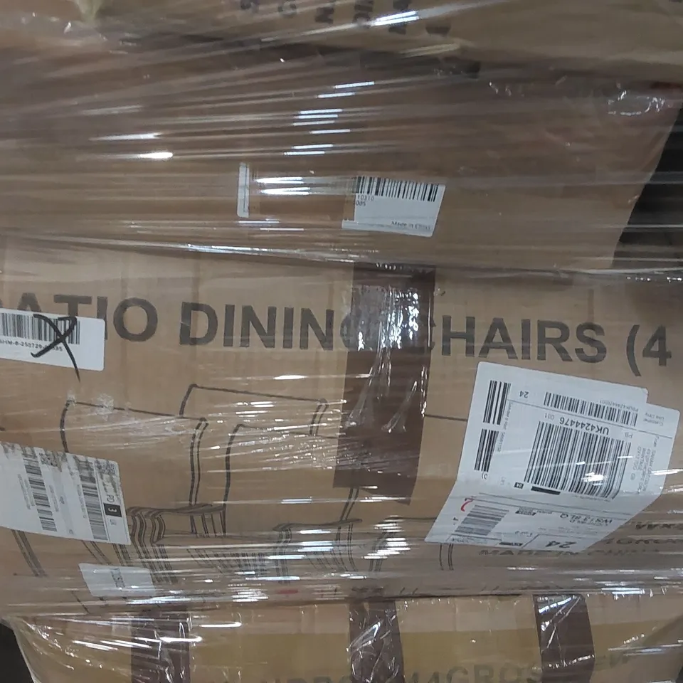 PALLET CONTAINING A LARGE QUANTITY OF ASSORTED CONSUMER PRODUCTS INCLUDING: DINING CHAIRS, NANTUCKET ROCKING CHAIR, BATHROOM MIRROR CABINET ECT