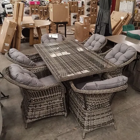 OUTDOOR RATTAN DINING SET WITH A TEMPERED GLASS TABLE TOP (7 PARTS) - GREY