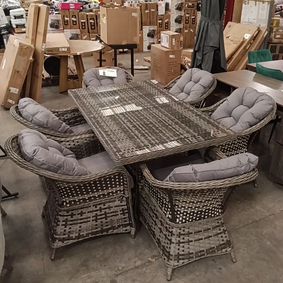 OUTDOOR RATTAN DINING SET WITH A TEMPERED GLASS TABLE TOP (7 PARTS) - GREY
