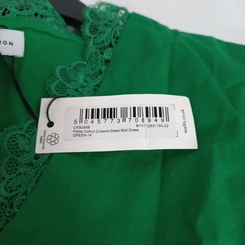 WALLIS W COLLECTION PETITE COTTON CUTWORK DETAIL MIDI DRESS – GREEN, UK 14