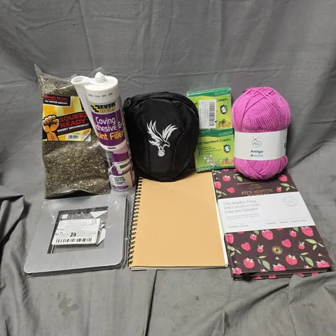 APPROXIMATELY 15 ASSORTED HOUSEHOLD ITEMS TO INCLUDE JOINT FILLER, RAT REPELLENT, FIVE MINUTES JOURNAL, ETC