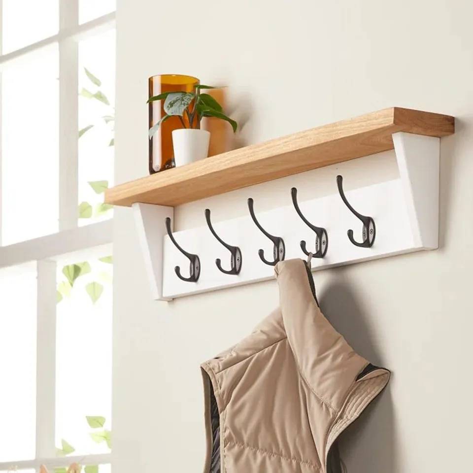BOXED SHELDAHL SOLID WOOD 5-HOOK WALL MOUNTED COAT RACK (1 BOX)