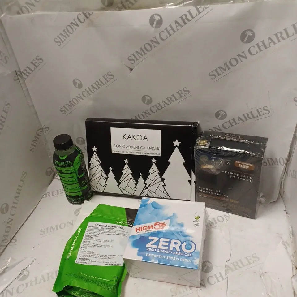 LOT OF ASSORTED FOOD AND DRINK ITEMS TO INCLUDE PRIME, KAKOA AND HIGH 5 SPORTS NUTRIITON
