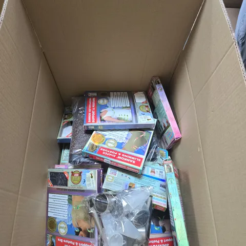 BOX OF APPROXIMATELY 15 ASSORTED ITEMS INCLUDING DOORMAT , SANKOM SUPPORT BRA AND STORM FORCE HEAD TORCH 