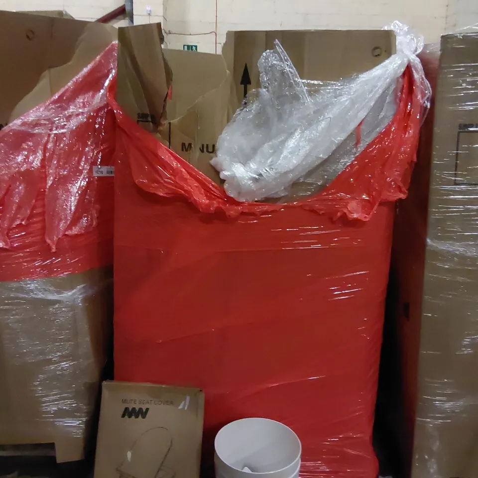 PALLET OF ASSORTED ITEMS INCLUDING: WINDOW BLINDS, PLANT POTS, TOILET SEAT, PET BACKPACK, TELESCOPIC SHOWER ROD