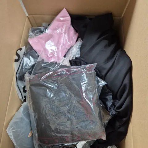 LARGE BOX OF ASSORTED CLOTHING ITEMS IN VARIOUS SIZES, STYLES AND COLOUR 