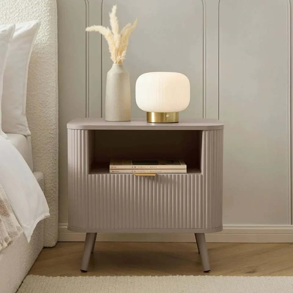 BOXED DUSK HATTIE 1 DRAWER BEDSIDE WITH SHELF - TAUPE (1 BOX)