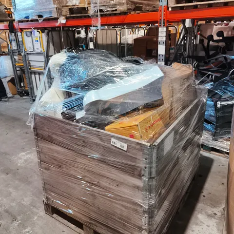 PALLET OF ASSORTED ITEMS INCLUDING MANNEQUIN , ASSORTED CLOTHING ITEMS AND ETHERNET CABLES