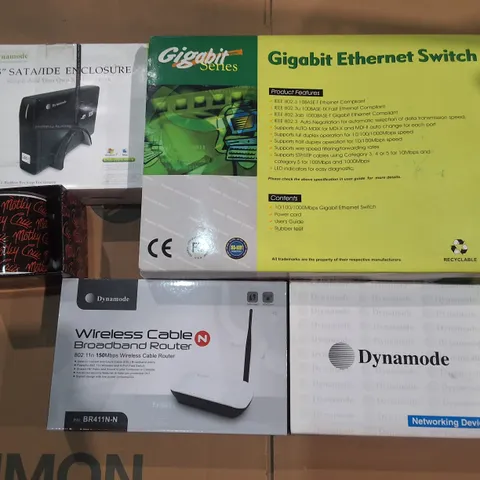 PALLET OF ASSORTED ITEMS TO INCLUDE HOME NETWORKING ITEMS THAT DRAGON TINS AND MOTLEY CREW MUG