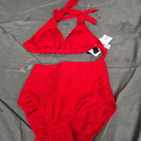 Red bikini set with triangle-tie top and high-waisted ruched bottoms – Women's swimwear 