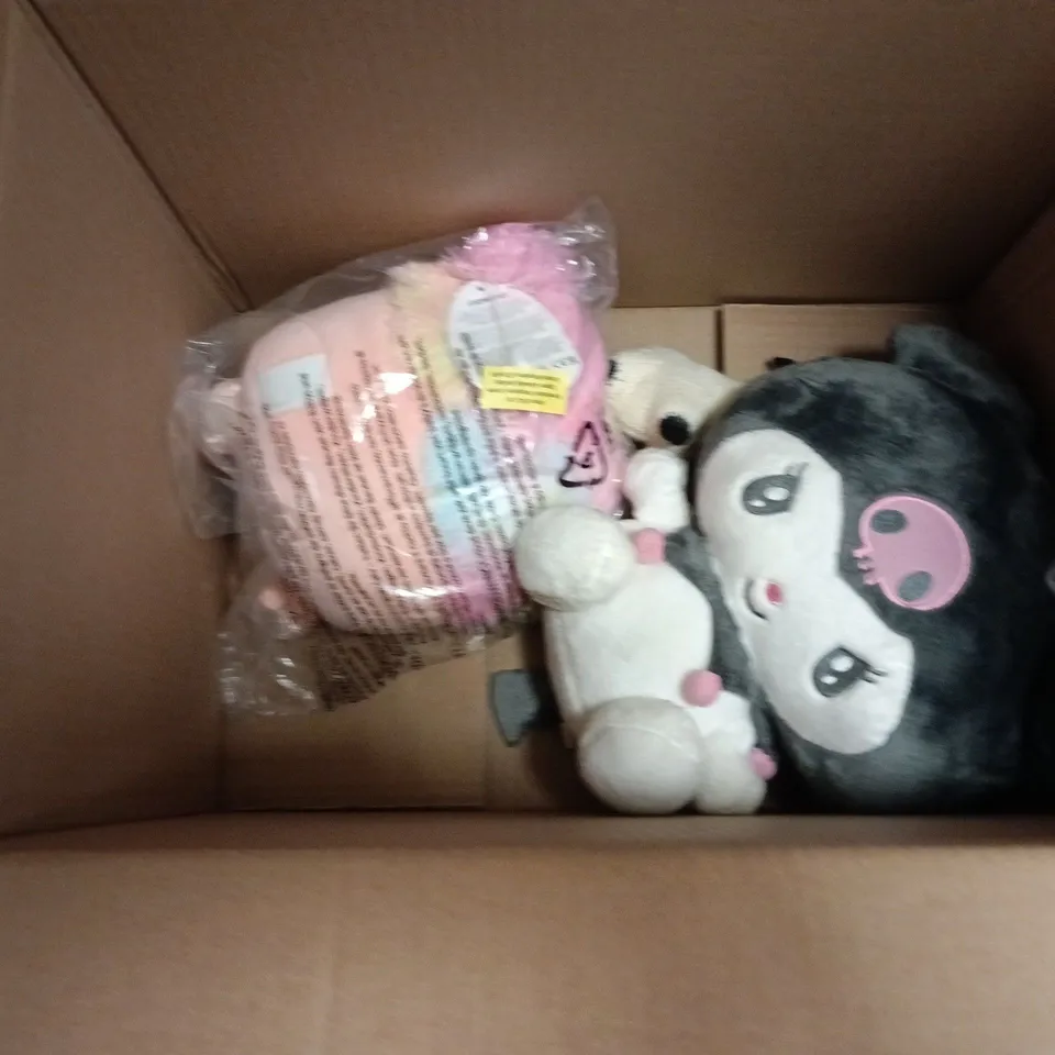 ASSORTED PLUSH TOYS – TEDDY BEAR, TWO FLUFFY WHITE ANIMALS, PANDA & ANIME-STYLE CHARACTER