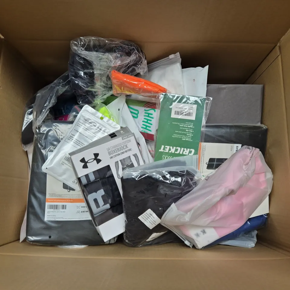 LARGE BOX OF ASSORTED ITEMS TO INCLUDE CLOTHING, TRAVEL BAG AND UNDER ARMOUR