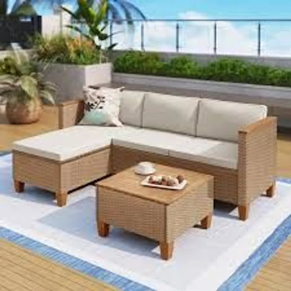 BOXED BROWN 3-PIECE OUTDOOR WICKER PATIO CONVERSATION SET WITH BEIGE CUSHIONS (2 BOXES)