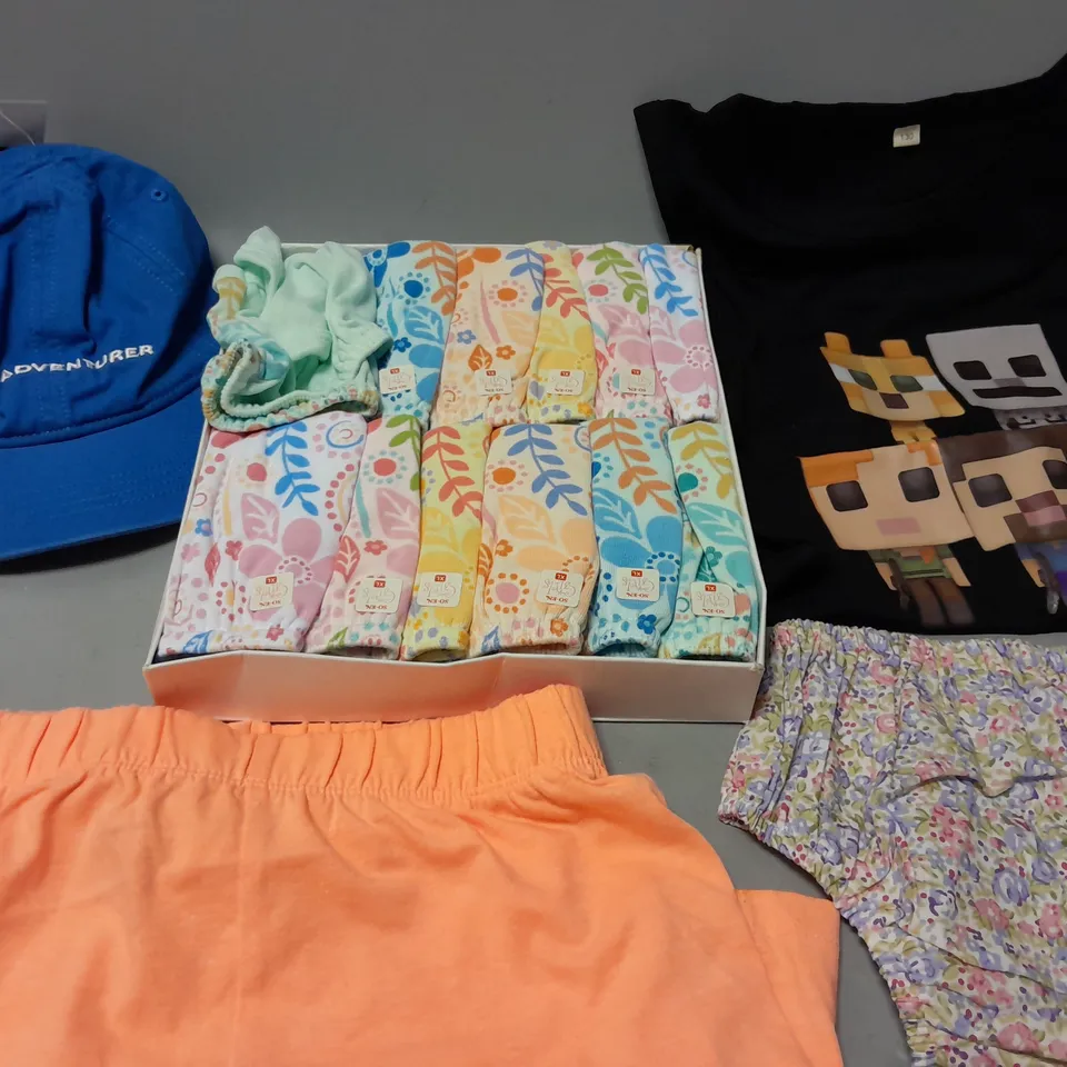 BOX OF ASSORTED KIDS CLOTHING ITEMS TO INCLUDE - HAT , PANTS , TANK TOP ETC