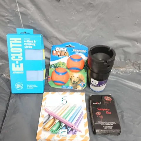 TOTE OF APPROXIMATELY 15 HOUSEHOLD ITEMS TO INCLUDE - CLEANING CLOTHS - METALLIC MARKERS - ASHTRAY AND BUTT BUCKET