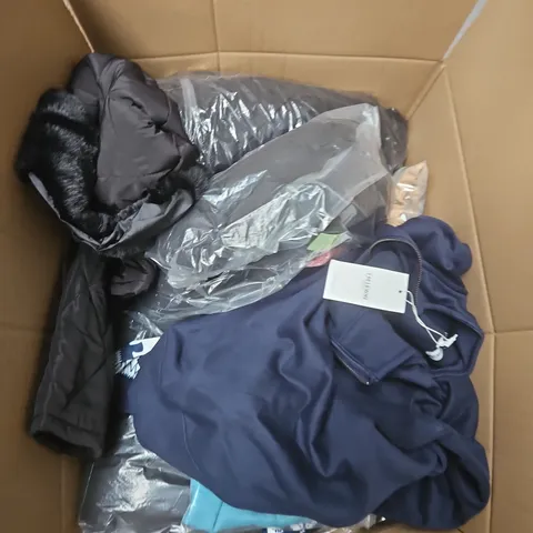LARGE BOX OF APPROXIMATELY 25 ASSORTED CLOTHING ITEMS IN VARIOUS COLOURS, STYLES AND SIZES - COLLECTION ONLY