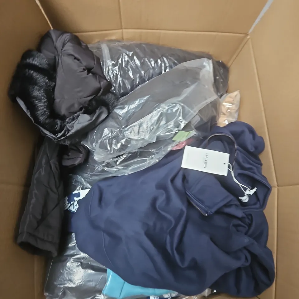 LARGE BOX OF APPROXIMATELY 25 ASSORTED CLOTHING ITEMS IN VARIOUS COLOURS, STYLES AND SIZES - COLLECTION ONLY