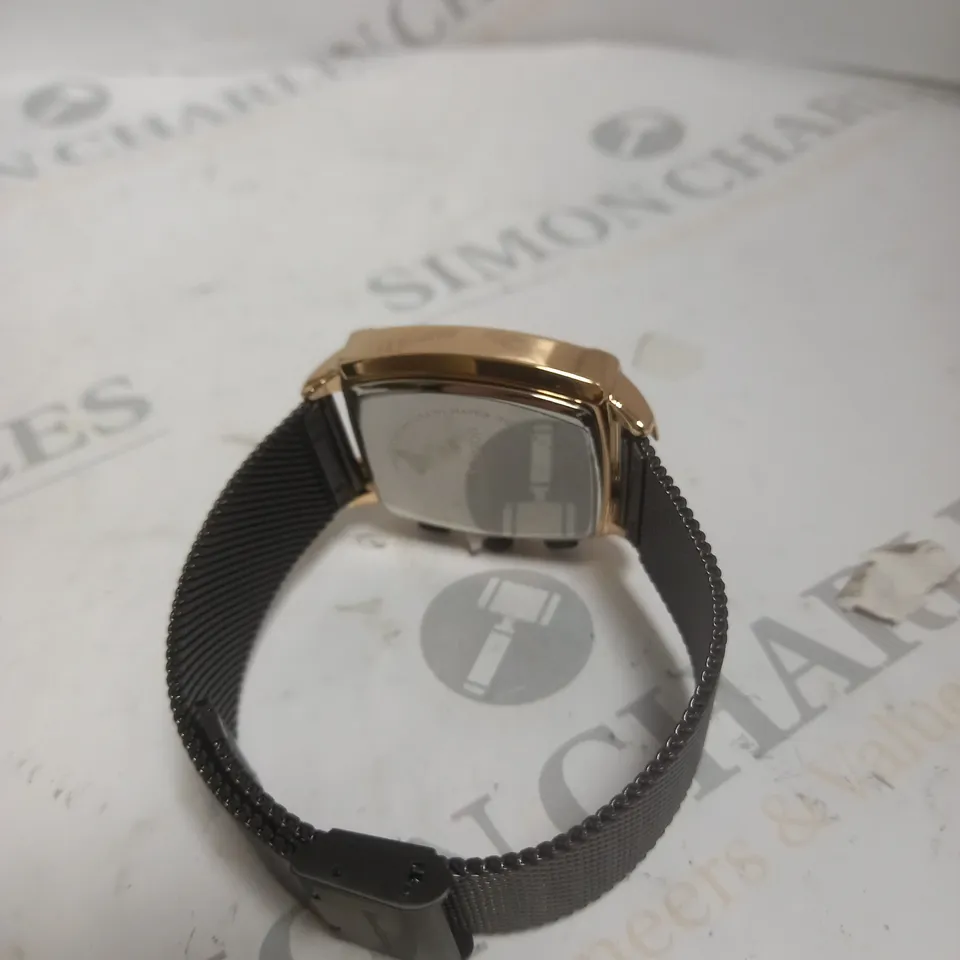 BOXED MANN EGERTON IMPACT ROSE BLACK DIAL MESH STRAP WATCH 