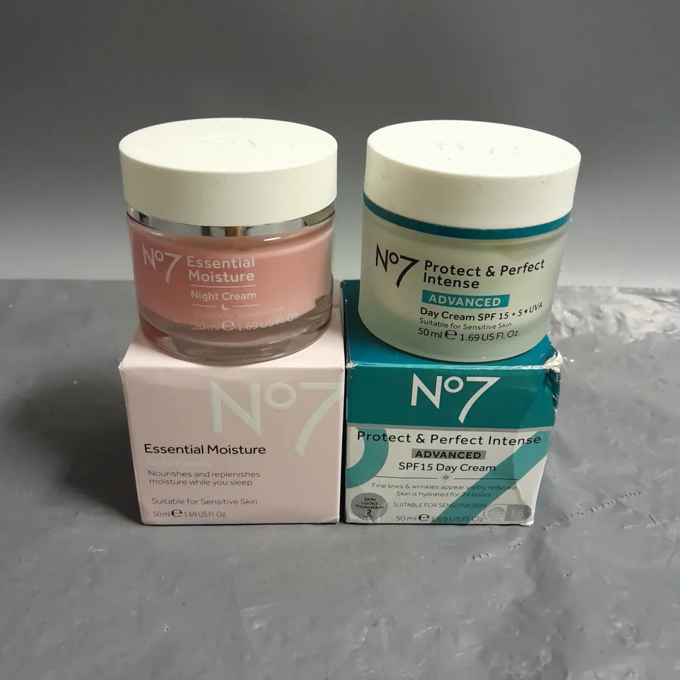 NO 7 LOT OF 2 COSMETIC PRODUCTS TO INCLUDE - ESSENTIAL MOISTURE NIGHT CREAM 50ML - PROTECT & PERFECT INSENSE DAY CREAM 50ML