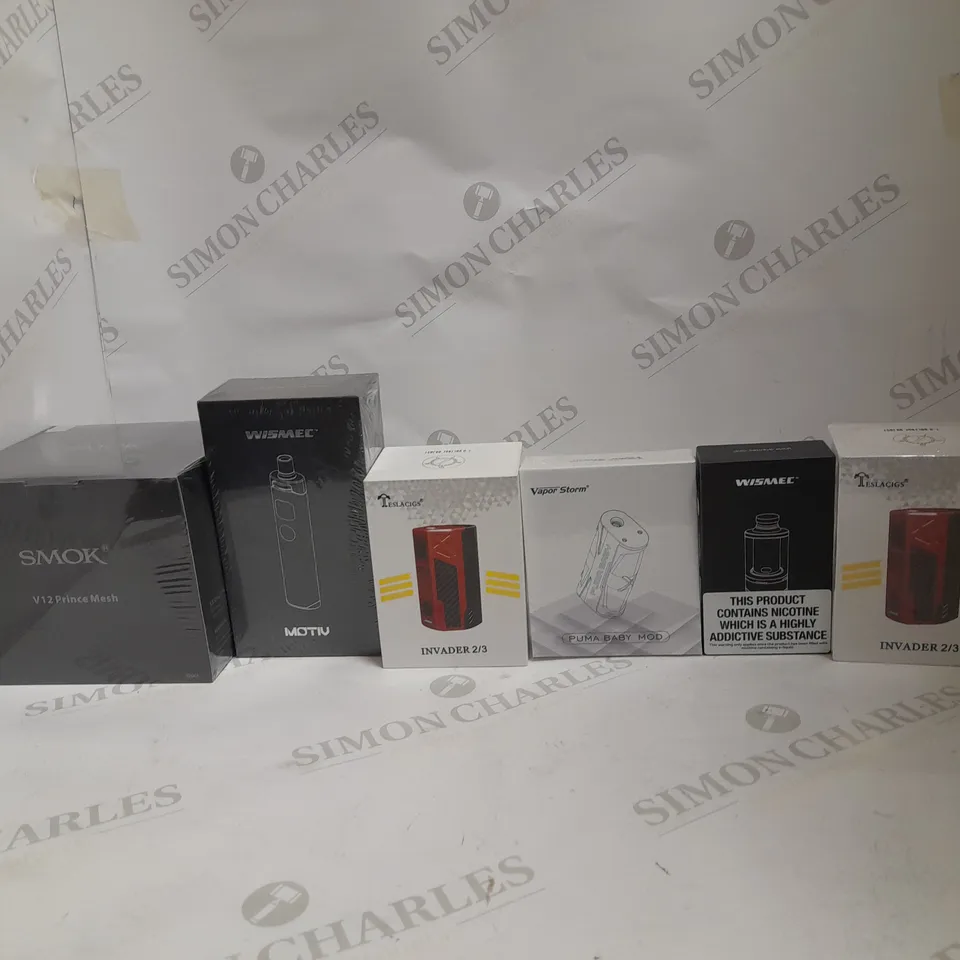 LOT OF APPROXIMATELY 10 E-CIGARETTE RELATED ITEMS TO INCLUDE SMOK V12 PRINCE MESH, WISMEC MOTIV, AND TESLACIGS INVADER 2/3 ETC.