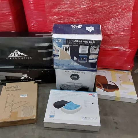 PALLET OF ASSORTED CONSUMER GOODS AND FURNITURE PRODUCTS TO INCLUDE; PREMIUM AIR BEDS, PORTABLE ICE BATHS, COMFORT CUSHIONS, BED ASSIST RAIL ECT.