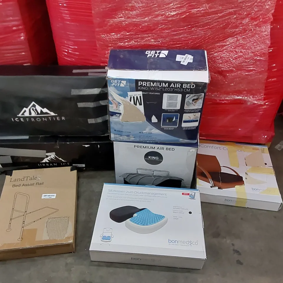 PALLET OF ASSORTED CONSUMER GOODS AND FURNITURE PRODUCTS TO INCLUDE; PREMIUM AIR BEDS, PORTABLE ICE BATHS, COMFORT CUSHIONS, BED ASSIST RAIL ECT.