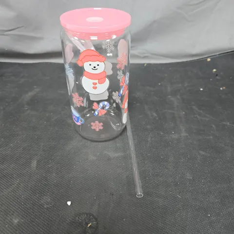 CHILDREN'S PINK CHRISTMAS GLASS BEAKER WITH STRAW
