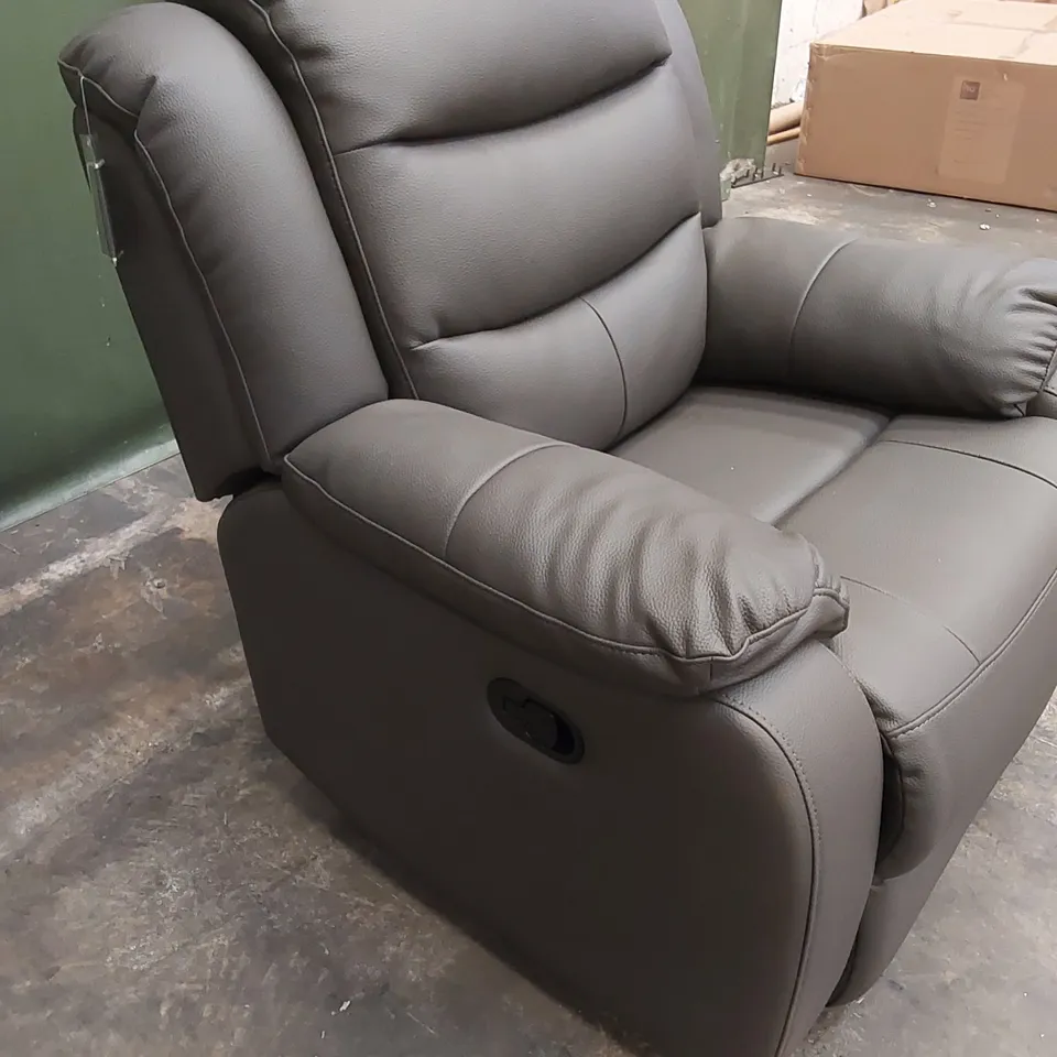 DESIGNER GREY LEATHER UPHOLSTERED MANUAL RECLINER ARMCHAIR 