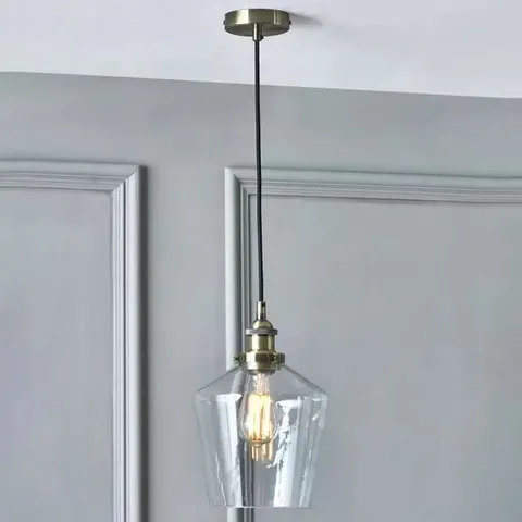 BOXED EMMANUELLE ANTIQUE BRASS METAL AND CLEAR GLASS PENDANT
