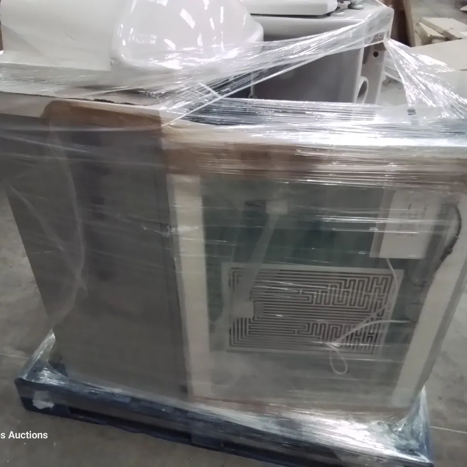 PALLET OF BATHROOM ITEMS, INCLUDING, WC BOWL WITH CONCEALED CISTERN CABINET, WASH BASIN, LED MIRROR, BASE UNITS.
