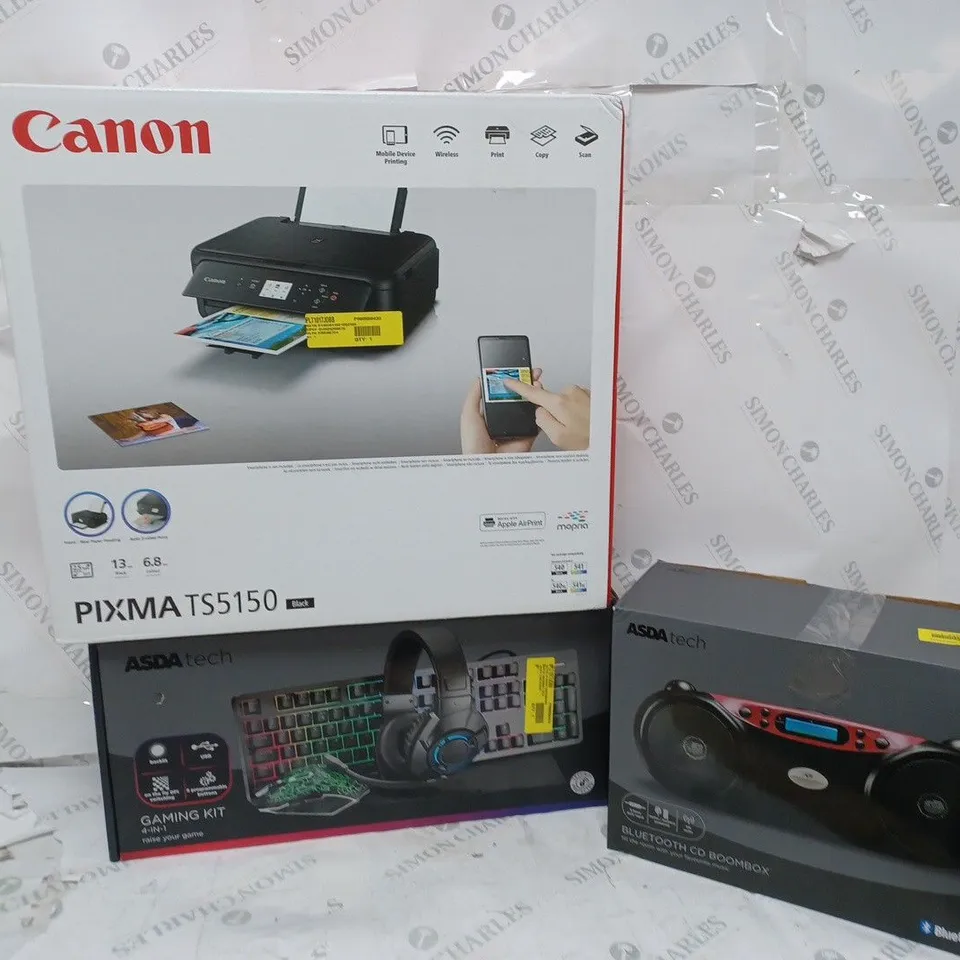 APPROXIMATELY 20 ASSORTED ELECTRICAL ITEMS TO INCLUDE CANON PIXMA TS5150 PRINTER, BLUETOOTH CD BOOMBOX, GAMING KIT, ETC - COLLECTION ONLY