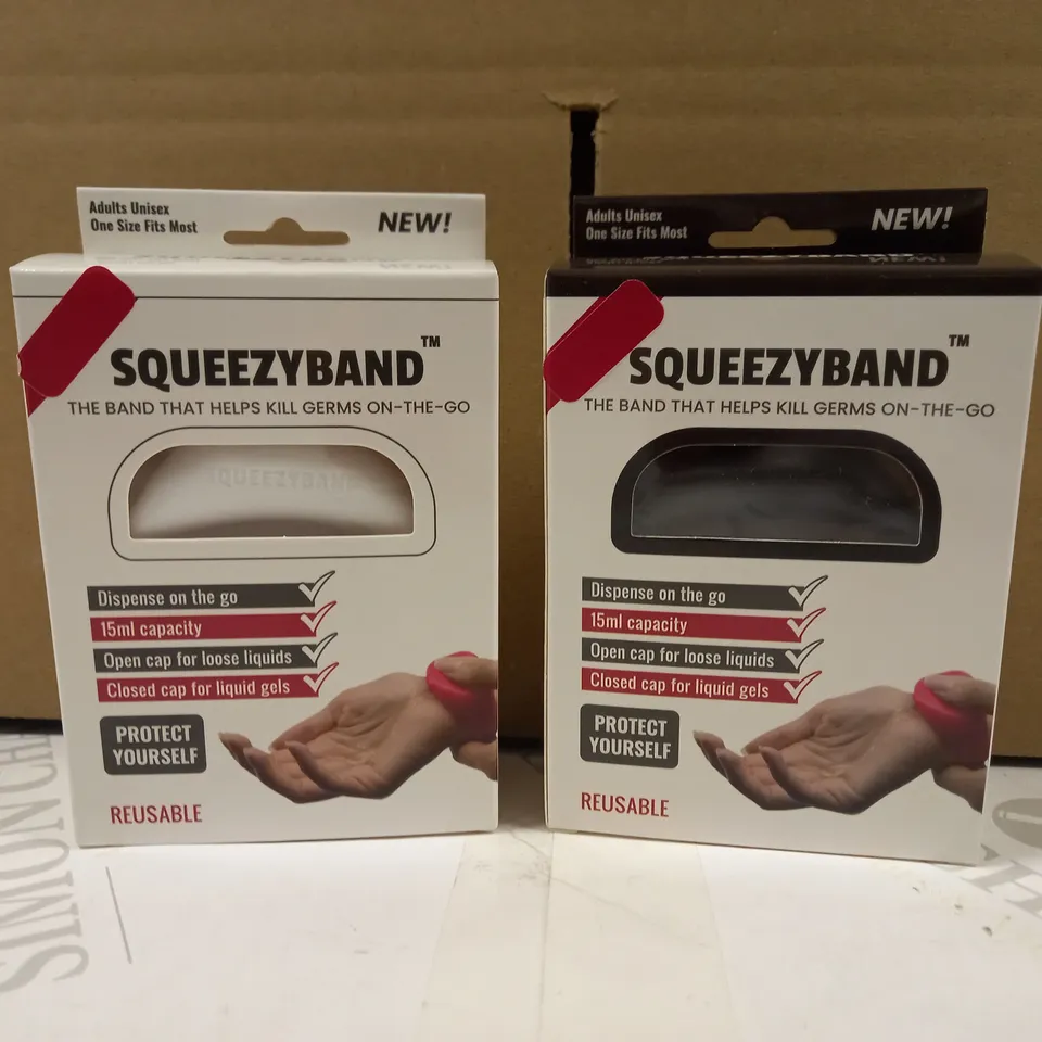 LOT OF 2 SQUEEZYBAND PORTABLE HAND SANITIZER DISPENSERS