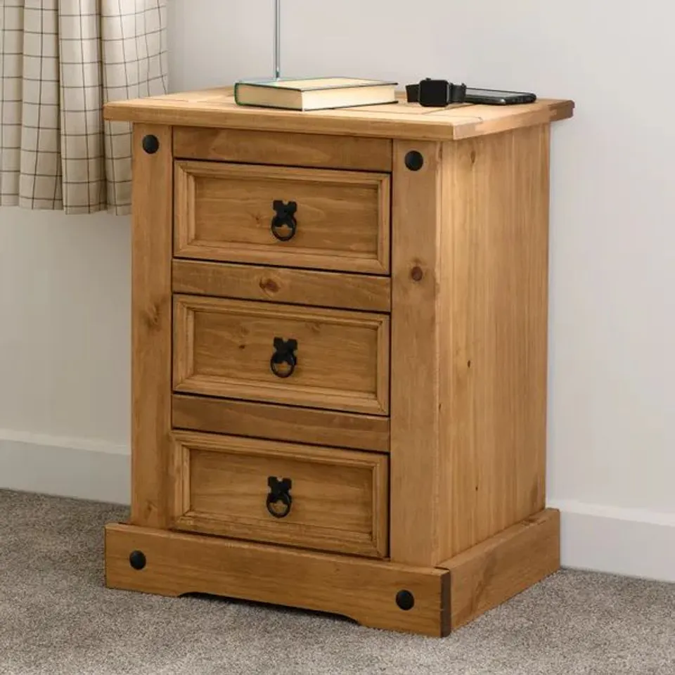 BOXED CARONA 3 DRAWER BEDSIDE - DISTRESSED WAXED PINE (1 BOX)