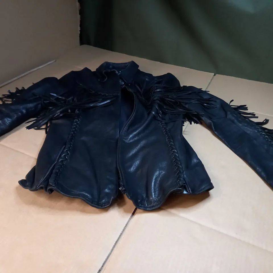 ALL SAINTS BLACK FAUX LEATHER FRINGE JACKET - SIZE 8