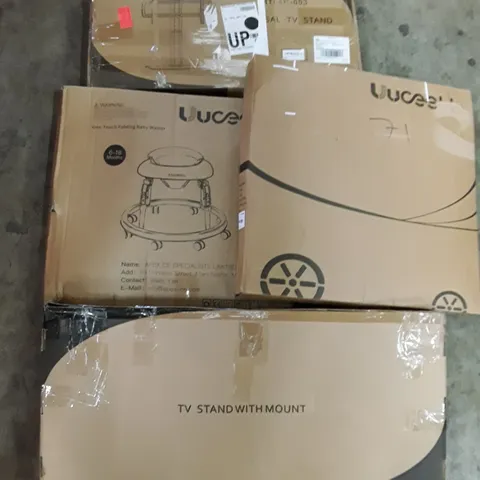 PALLET OF ASSORTED PRODUCTS INCLUDING FOLDING BABY WALKERS, UNIVERSAL TV STANDS, FOLDING MATTRESS