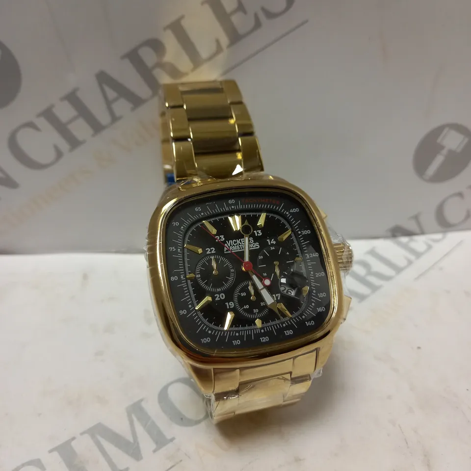 BOXED VICKERS ARMSTRONG CLASSIQUE GOLD WATCH WITH BLACK DIAL