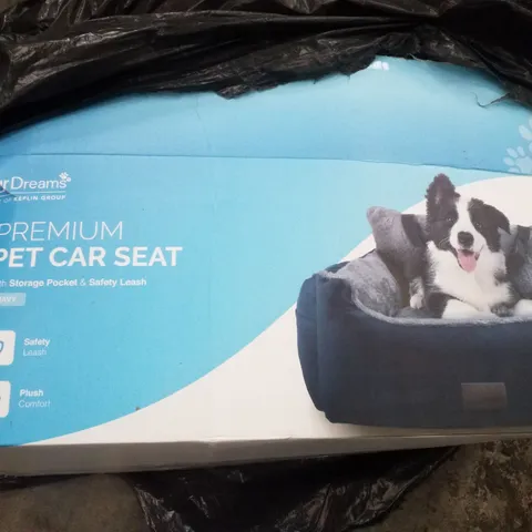 BOXED FUR DREAMS PREMIUM PET CAR SEAT WITH STORAGE POCKET & SAFETY LEASH - NAVY 